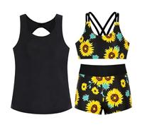 RUITOTP Tankini Damen 3 teilig Bauchweg Badeanzug,Sport Bademode,Push Up Bikini Oberteil Und High Waist Badeshorts Mit Taschen,Verstellbare Badebekleidung Schwimmanzug,Farbblock Strandmode