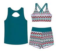 RUITOTP Tankini Damen 3 teilig Bauchweg Badeanzug,Sport Bademode,Push Up Bikini Oberteil Und High Waist Badeshorts Mit Taschen,Verstellbare Badebekleidung Schwimmanzug,Farbblock Strandmode