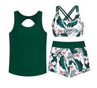 RUITOTP Tankini Damen 3 teilig Bauchweg Badeanzug,Sport Bademode,Push Up Bikini Oberteil Und High Waist Badeshorts Mit Taschen,Verstellbare Badebekleidung Schwimmanzug,Farbblock Strandmode
