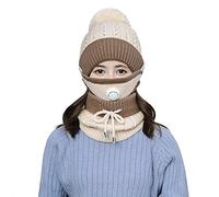 RUIXIA Damen Wintermütze und Schal Set mit abnehmbare Gesichtschützer, 3 in 1 Strickmütze Warme Beanie Winter Mütze und einstellbar Winterschal mit süße Pompon Damen Geschenk Winterzubehör