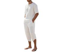 RUMAOZIA 2-teiliges Herren-Set aus Baumwoll-Leinen im chinesischen Stil Henley Hemd für Sommer Oberteil + dünne Shorts Lang Jogginganzug Sport Anzug Freizeitanzug Leinenhemd Leinenhose