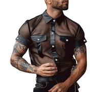RUMAOZIA Fischnetz T-Shirt Herren PU Kunstleder Shirt Männer Wetlook Shirt Erotische Durchsichtiges Oberteil Sport Kurzarm Shirts Mesh Sexy Top Leder Unterwäsche Schwarz Leder Optik Unterhemd