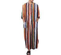 RUMAOZIA Gebetskleidung für Männer Muslimische Kleider Herren Muslim Kaftan Abaya Herren Langarm Button Down Gestreifte Kaftan Gewand Shirt Robe Elegante Lang Kleide Arabische Seite Split Thobe