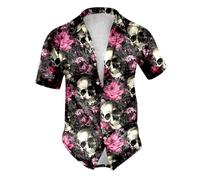 RUMAOZIA Hawaii Hemd Herren mit Totenkopf | Baumwolle Oversized Urlaub Freizeithemden| Sommer Kurzarmhemd in Y2K Grafik Festival Outfit Strand Hemden | Ideal für Festival & Freizeit & Strandpartys