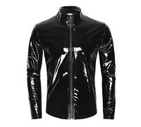 RUMAOZIA Herren Lack-Optik Jacke Lange Mantel Wetlook Oberteile Männer Kunstleder Hemd T-Shirt Slim Fit Latex Glänzend Tops Party Outwear Lack-Optik Oberteile Kunstleder Langarmshirts Clubwear