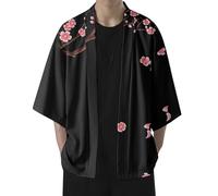 RUMAOZIA Herren Sommer Kimono Cardigan - Langarm Jacke Sakura Print Hemdjacke Nachthemd Bademantel Nachtwäsche für Männer Traditionelle Japanische Kleidung Haori Kostüm Taoistische Robe