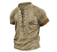 RUMAOZIA Leinenhemd Herren V-Ausschnitt Mittelalter Henley Shirt Baumwolle Retro Kurzarm Shirts Wikinger Hemd für Renaissance Pirat Sommer Tops Freizeithemden Vintage Männer Oberteile Mit Schnürung