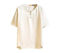 RUMAOZIA Mittelalter Hemd Herren Herrenhemd aus Leinen Vintage Freizeithemd Einfarbig V-Ausschnitt Locker Dünn Halbe Ärmel Atmungsaktiv Leinenhemd mit Knöpfe Sommer Hawaii Urlaub Basic Shirt