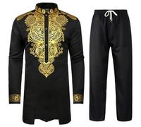 RUMAOZIA Muslimische Kleidung Herren Afrikanisches Herren Set Afrikanisches Hemd Golddruck Dashiki und Hose Traditioneller Anzug Lässige Ethnische Ramadan Kleidung Gebetskleidung für Männer