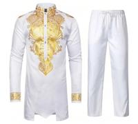 RUMAOZIA Muslimische Kleidung Herren Afrikanisches Herren Set Afrikanisches Hemd Golddruck Dashiki und Hose Traditioneller Anzug Lässige Ethnische Ramadan Kleidung Gebetskleidung für Männer