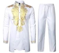 RUMAOZIA Muslimische Kleidung Herren Afrikanisches Herren Set Afrikanisches Hemd Golddruck Dashiki und Hose Traditioneller Anzug Lässige Ethnische Ramadan Kleidung Gebetskleidung für Männer