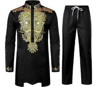 RUMAOZIA Muslimische Kleidung Herren Afrikanisches Herren Set Afrikanisches Hemd Golddruck Dashiki und Hose Traditioneller Anzug Lässige Ethnische Ramadan Kleidung Gebetskleidung für Männer