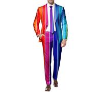 RUMAOZIA Neon Farbigen Anzug 2 Teiler Herren Slim Fit Anzugjacke Anzughosen Zweiteiler Set Lustig Neuartiger Regenbogen Anzug Blazer Set Neon Thema Party Outfit Disco-Nachtclub Performance Kostüm