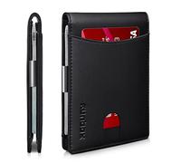 RUNBOX Schlanke Geldklammer-Geldbörse für Herren, minimalistischer Kartenhalter, klein, Leder, RFID-blockierend, Herren-Geldbörse mit 11 Kartenfächern, Geschenkbox, Mattschwarz, M, minimalistisch