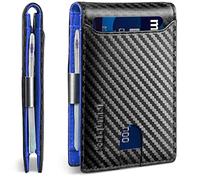 RUNBOX Slim Wallets for Men - Leather Money Clip Mens Wallet - RFID Blocking Front Pocket Bifold Wallet - Thin Credit Card Holder with Gift Box, Carbon Black & Blue, medium, Minimalistisch