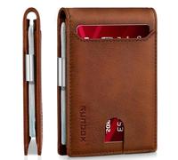 RUNBOX Slim Wallets for Men - Leather Money Clip Mens Wallet - RFID Blocking Front Pocket Bifold Wallet - Thin Credit Card Holder with Gift Box, Retro Rotbraun