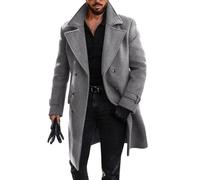 Runcati Herren Zweireihiger Trenchcoat Mittellang Jacke Mit Gekerbtem Revers Winter Dicker Warmer Übermantel, grau, M