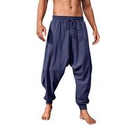 Runcati Hosen Herren Einfarbig Loose Fit Sommerhose Wikinger Pirat Mittelalter Leicht Elastische Taille Baggy Freizeithose Mit Kordelzug Und Taschen Hippie Hose Dunkelblau XXL