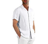 Runcati Kurzarm Leinenhemd Herren Kuba Baumwolle Freizeithemd Strand Shirts Sommer Männer Tops, Weiß, XL