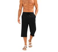 Runcati Kurze Hosen Herren Baumwolle Leinen Bermuda 3/4 Länge Sommerhose Yoga Jogger Casual Sweatpants Sportshorts Freizeithose Sweatshorts Herrenhose mit Taschen Schwarz L