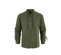 Runcati Mittelalter Herren Hemd Steampunk Piraten Kostüm Viking Schnürhemd Viktorian Renaissance Stehkragen Cosplay Tops, Olivgrün, XL