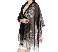 Rundago Eleganter Damen Spitzenschal, Leichte Stola mit Blumenmuster und Quasten, 65x185cm Jacquard Umschlagtuch aus Polyester, Festliches Accessoire, Schwarz