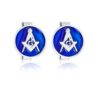 Runde Kreis Disc Freimaurer Kompass Symbol Freimaurer Manschettenknöpfe für Männer Königsblau Emaille Zwei Ton 925 Sterling Silber Scharnier Bullet Zurück