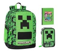 Runder Schulrucksack kompatibel mit Minecraft Pixel für Kinder + Federmäppchen 3 Etagen komplett mit Schreibwaren + Tagebuch 2025/2026 + 7 löschbare Stifte und Schlüsselanhänger Pfeife