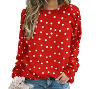 Rundhals Bluse für Alltag, Damen lange Ärmel, rot-weiß Runde Punkte Damen Blusen, Rote weiße runde Punkte, XL