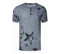 Rundhals Henley T-Shirt mit Prints und Knopfleiste L