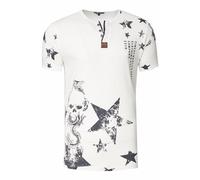 T-Shirt Herren Vintage-Washed Rundhals-Henley-Shirt Printed Casual-Fit Knopfleiste Verwaschen Streetwear Kurzarm-T-Shirt 290, Farbe:Weiß, Größe S-3XL:S