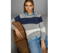 Rundhalspullover AJC, Damen, Gr. 32/34 (XS), bunt (grau, jeansblau, weiß, gestreift), Feinstrick, Obermaterial: 50% Baumwolle, 50% Polyacryl, gestreift, sehr figurbetont hüftlang, Rundhals, eng Rippbü