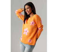 Rundhalspullover ANISTON SELECTED, Damen, Gr. 38, bunt (orange, rosa, fuchsia glänzend), Feinstrick, Obermaterial: 90% Baumwolle, 10% metallisierte Fasern, geblümt, leicht glänzend, figurumspielend hü