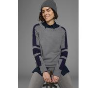 Rundhalspullover ARIZONA "im Bikerstil", Damen, Gr. 32/34, grau (grau, marine), Feinstrick, Obermaterial: 50% Baumwolle, 50% Polyacryl, figurbetont hüftlang, Rundhals, Raglanärmel, Pullover Rundhalspu