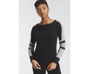 Rundhalspullover ARIZONA "im Bikerstil", Damen, Gr. 36/38, grau (schwarz, grau, meliert), Feinstrick, Obermaterial: 60% Baumwolle, 40% Polyacryl, colorblocking, kontrastfarbene Details, unifarben mit