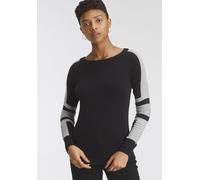 Rundhalspullover ARIZONA "im Bikerstil", Damen, Gr. 40/42, grau (schwarz, grau, meliert), Feinstrick, Obermaterial: 60% Baumwolle, 40% Polyacryl, colorblocking, kontrastfarbene Details, unifarben mit