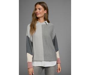 Rundhalspullover BOYSEN'S, Damen, Gr. 40/42, grau (wollweiß, grau, altrosa), Strick, Obermaterial: 50% Baumwolle, 50% Polyacryl, Colorblocking, weit hüftlang, Rundhals, Rippstrickbündchen, Pullover Ru