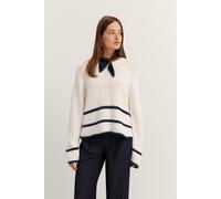 Rundhalspullover BUGATTI, Damen, Gr. S, beige (20, ecru), 62% Baumwolle, 38% Polyamid, gestreift, normal, Rundhals, Rippbündchen, Pullover Rundhalspullover, mit Streifendesign (92975056-S) 20, ecru