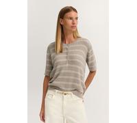 Rundhalspullover BUGATTI "Gestreift", Damen, Gr. S, 50, beige, Rippstrick, 80% Baumwolle, 20% Polyamid, gestreift, regular fit, Rundhals, Pullover Rundhalspullover, mit kurzem Arm und Knopfleiste (335