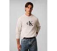 Rundhalspullover CALVIN KLEIN JEANS "COTTON MONOLOGO", Herren, Gr. S, beige (snow heather), Web, Obermaterial: 100% Baumwolle, unifarben, regular fit normal, Rundhals, eingesetzt angesetztes Bündchen,