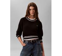 Rundhalspullover CALVIN KLEIN JEANS "WOVEN LABEL CREWNECK SWEATER", Damen, Gr. XL, schwarz, Web, Obermaterial: 100% Baumwolle, unifarben, regular fit taillenbedeckt, Rundhals, eingesetzt angesetztes B