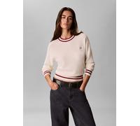 Rundhalspullover CALVIN KLEIN JEANS "WOVEN LABEL CREWNECK SWEATER", Damen, Gr. XS, weiß (tofu), Web, Obermaterial: 100% Baumwolle, unifarben, regular fit taillenbedeckt, Rundhals, eingesetzt angesetzt