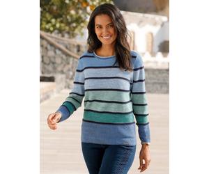 Rundhalspullover CASUAL LOOKS "Pullover", Damen, Gr. 44, blau (mittelblau, grün, geringelt), 75% Baumwolle, 25% Polyacryl, gemustert, gestreift, mehrfarbig, Pullover Rundhalspullover (54362625-44) mit