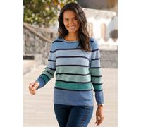Rundhalspullover CASUAL LOOKS "Pullover", Damen, Gr. 50, blau (mittelblau, grün, geringelt), 75% Baumwolle, 25% Polyacryl, gemustert, gestreift, mehrfarbig, Pullover Rundhalspullover (54362625-50) mit