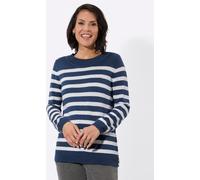 Rundhalspullover CASUAL LOOKS "Pullover", Damen, Gr. 54, blau (jeansblau, ecru), 50% Baumwolle, 50% Polyacryl, gemustert, gestreift, mehrfarbig, Pullover Rundhalspullover (18865840-54) jeansblau, ecru