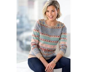 Rundhalspullover CLASSIC BASICS "Langarm-Pullover", Damen, Gr. 54, bunt (sesam, bordeaux, gemustert), 100% Polyacryl, gemustert, mehrfarbig, Pullover Rundhalspullover (81954921-54) sesam, bordeaux, ge