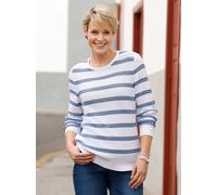 Rundhalspullover CLASSIC BASICS "Rundhals-Pullover", Damen, Gr. 38, bleu, ecru, gemustert, 100% Baumwolle, gemustert, gestreift, Pullover Rundhalspullover (55439031-38) bleu, ecru, gemustert