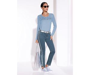 Rundhalspullover CREATION L "Pullover", Damen, Gr. 52, blau (hellblau), 47% Viskose, 25% Polyester, 18% Polyamid, 10% metallisierte Fasern, unifarben, Pullover Rundhalspullover (50791952-52) hellblau