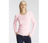 Rundhalspullover DELMAO, Damen, Gr. 44/46, rosa, Feinstrick, Obermaterial: 100% Baumwolle, Zopfmuster, bestickt, unifarben, sehr figurbetont hüftlang, Rundhals, Pullover Rundhalspullover, mit Kontasts