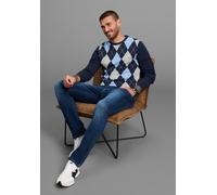 Rundhalspullover DELMAO "Neue Kollektion Modisches Highlight", Herren, Gr. 3XL (64/66), blau (marine, hellgrau), Strick, Obermaterial: 50% Baumwolle, 50% Polyacryl, Rautenmuster, Basic schmal, Rundhal